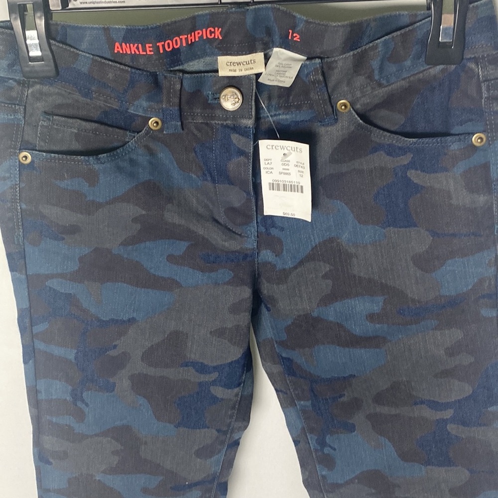 J crew, Crewcuts camouflage coated denim ankle toothpick style, kids size 12 NWT